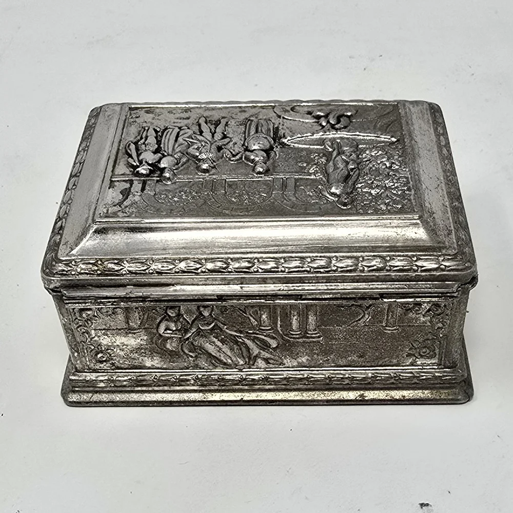 Vtg‎ french jewelry box vanity trinket box casket engraved hinged florentine